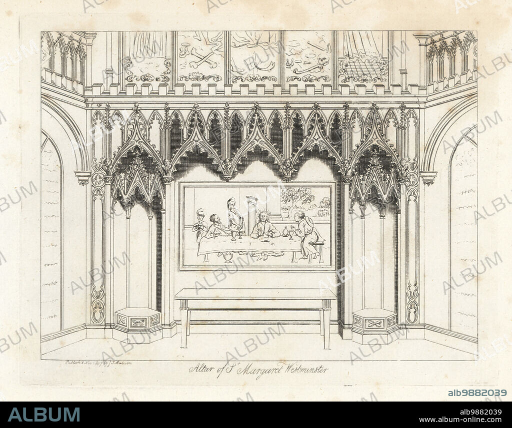 The Altar of the Church of St. Margaret's, Westminster Abbey. With carved and painted Last Supper, stained glass windows above. Copperplate drawn and engraved by James Peller Malcolm from his Anecdotes of the Manners and Customs of London during the 18th Century, Longman, Hurst, London, 1808. Malcolm (1767-1815) was an American-English topographer and engraver, Fellow of the Society of Antiquaries.