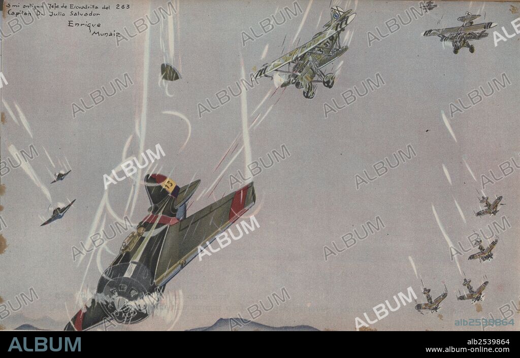 Combate aéreo. Derribo de un avión Polikarpov (rata o mosca) del ejército republicano que intentaba atacar una unidad de bombarderos nacionales. Guerra civil española.