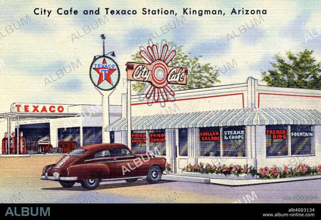 City Cafe and Texaco Gas Station, Kingman, Arizona, USA, 1951. Vintage postcard showing an exterior view of the City Café and Gas Station on Route 66. A large Texaco sign and neon sign are visible. A car is parked in front of the cafe.