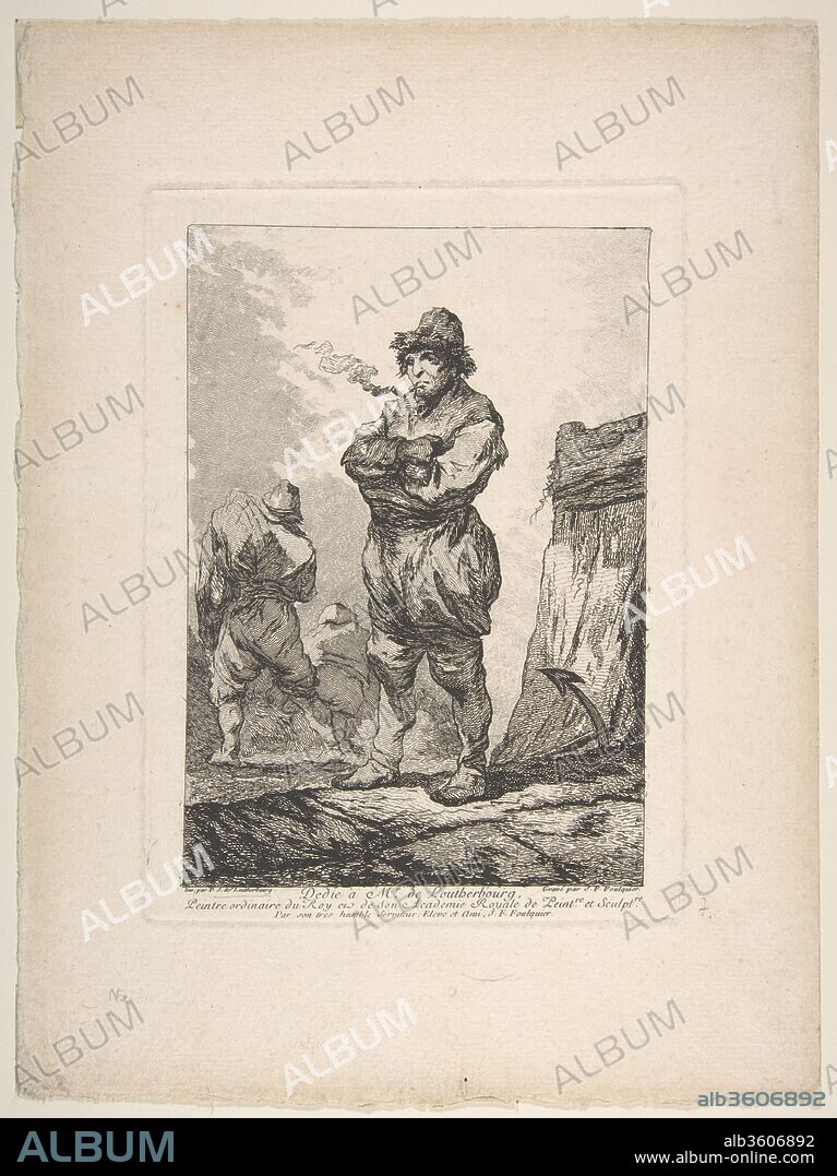 A Sailor Smoking with His Arms Crossed. Artist: Joseph François Foulquier (French, Toulouse 1744/45-1789 Martinique); After Philippe Jacques de Loutherbourg (French, Strasbourg 1740-1812 London). Dimensions: image: 7 1/16 x 4 15/16 in. (18 x 12.5 cm)
plate: 7 7/8 x 5 11/16 in. (20 x 14.5 cm)
sheet: 11 9/16 x 8 9/16 in. (29.3 x 21.8 cm). Date: 18th century.