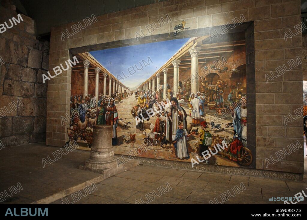 A PAINTING SHOWING THE CARDO FROM THE BYZANTINE PERIOD (6th CENTURY A.D.) .Near the Remains of the Cardo running from north to south in the city of Jerusalem.. The Jewish Quarter, Old City of Jerusalem. Israel.