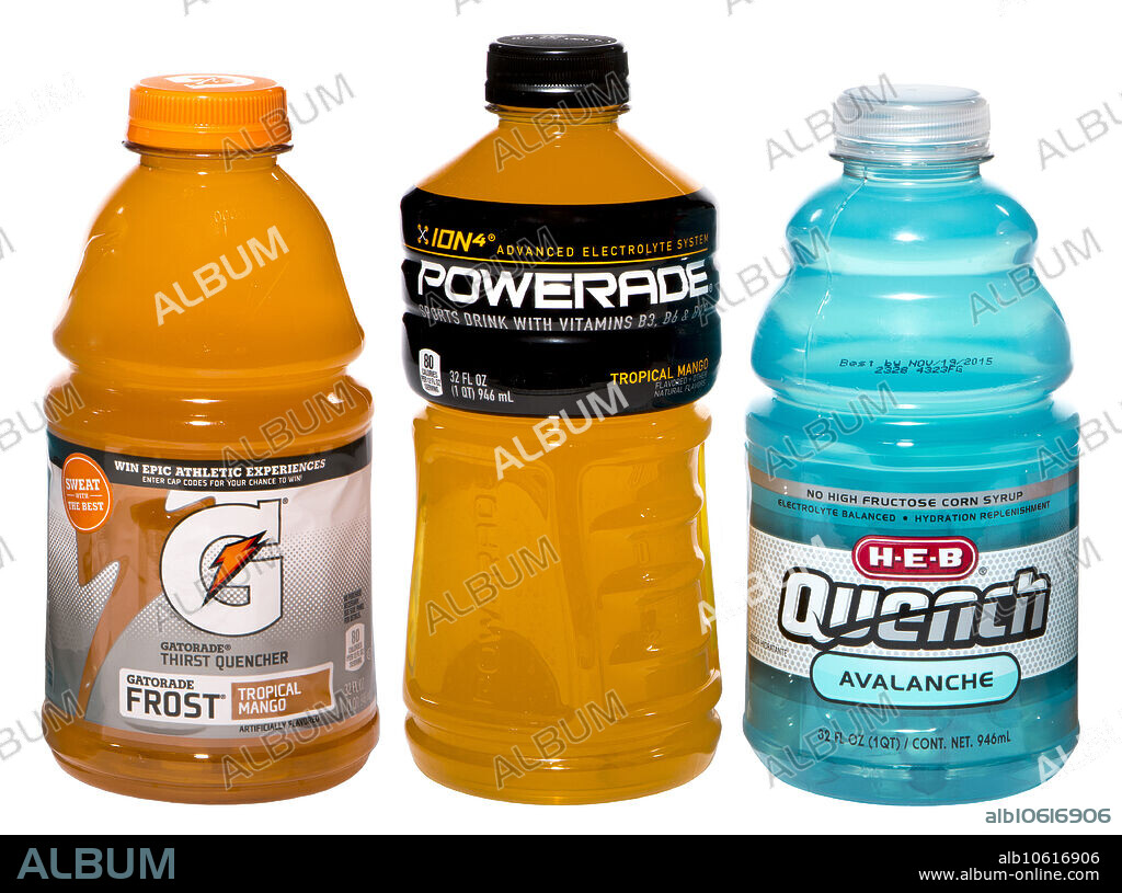 Editorial use only . Commercially available electrolyte replacement drinks (Powerade, Gatorade, and Quench). In oral rehydration therapy, electrolyte drinks containing sodium and potassium salts replenish the body's water and electrolyte levels after dehydration caused by exercise, excessive alcohol consumption, diaphoresis (heavy sweating), diarrhoea, vomiting, intoxication or starvation.