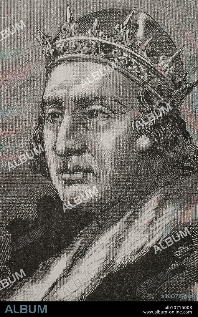 Alfonso XI de Castilla (1311-1350), llamado "el Justiciero". Rey de Castilla y León (1312-1350). Retrato. Grabado. "Glorias Españolas". Tomo II. Publicada en Barcelona, 1890.