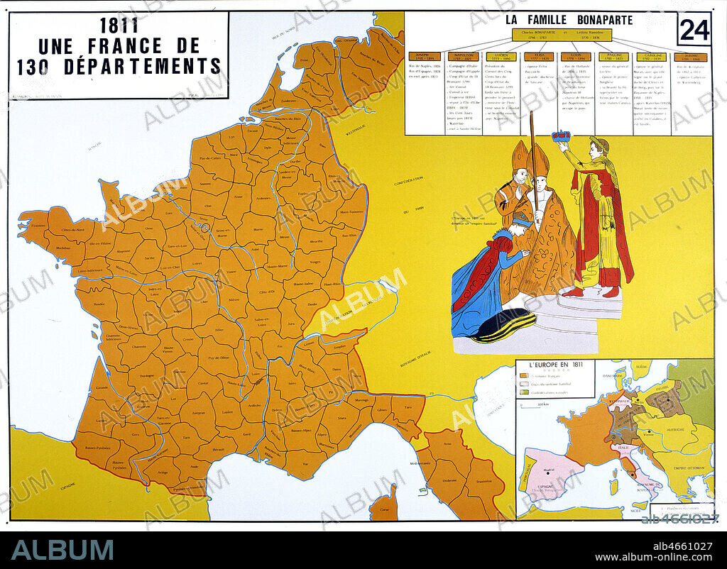 '1811 : une France de 130 departements' : carte historique avec un dessin du couronnement de l'Imperatrice Josephine. Panneau scolaire Rossignol de 1990. Credit : PPRossignol/KHARBINE-TAPABOR.
