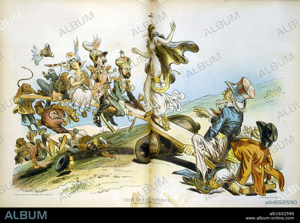 The See-saw Nations, 1898: John Bull and Uncle Sam on one end, Russia, Germany, France, China, Spain and Turkey struggle to weigh down the other. 'History' and a cannon at the fulcrum. World Power Domination.