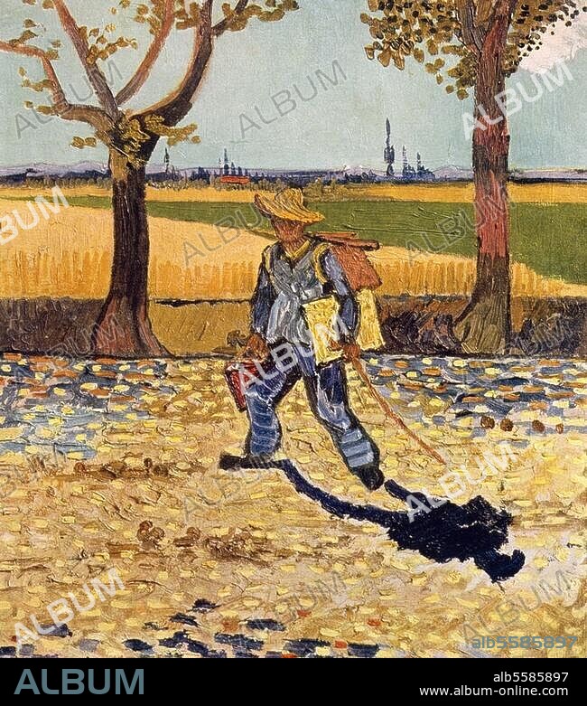 VINCENT VAN GOGH. Gogh, Vincent van; holländ. Maler; Groot-Zundert bei Breda 30.3.1853 - (Selbstmord) Auvers-sur-Oise 29.7.1890. "Der Maler auf dem Weg zur Arbeit", Arles, Juli 1888. Öl auf Leinwand, 48 × 44 cm. Ehemals Magdeburg, Kaiser-Friedrich-Museum. (Im Zweiten Weltkrieg verbrannt).