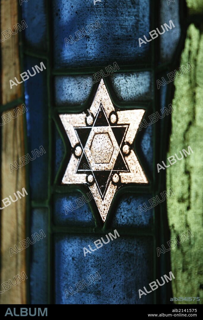 Stained glass, star of David.