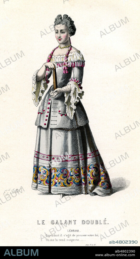 Leonor dans Le galant double, Acte V scene 2. Gravure de 1881 par Edouard FOLLET (ne en 1824) pour Theatre complet de Thomas CORNEILLE (1625-1709) par Edouard THIERRY (1813-1894). Credit : Collection Jonas/Kharbine-Tapabor.