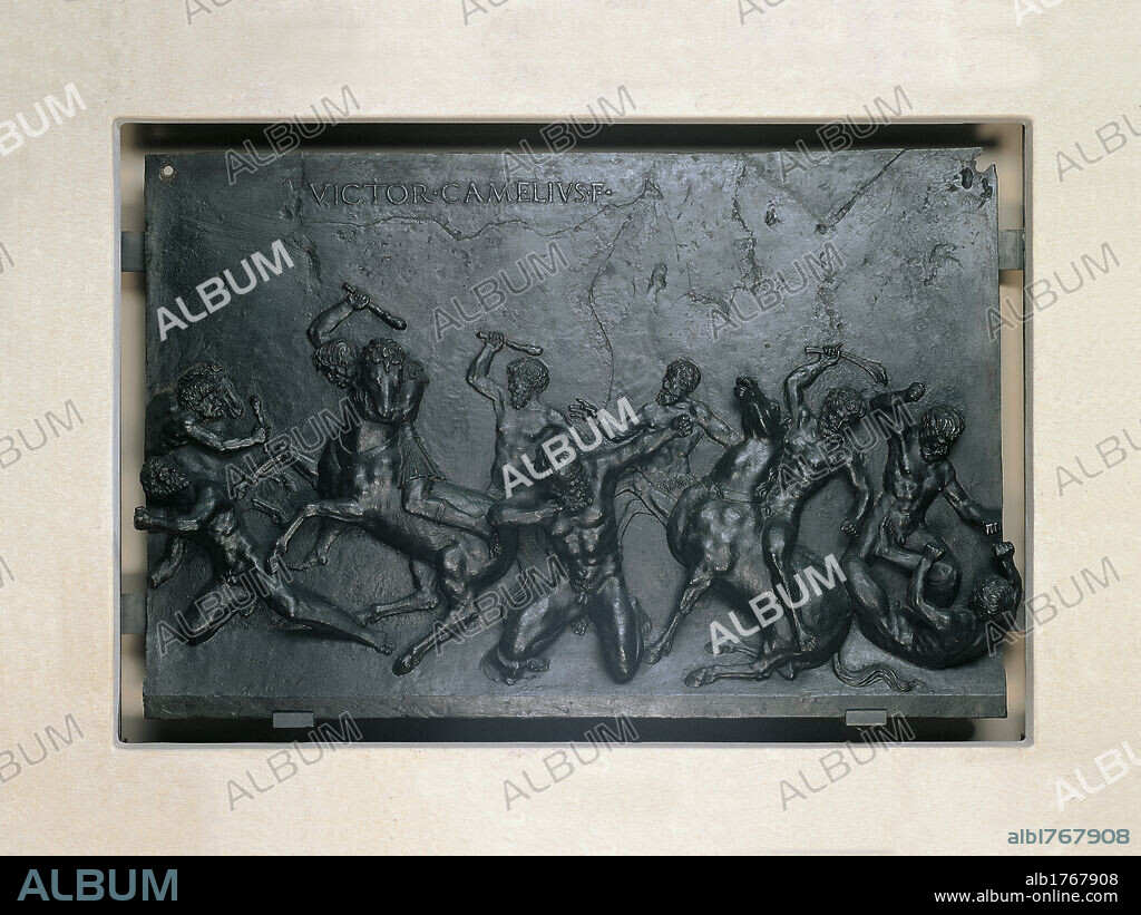Battle of Satyrs and Giants, by Gambello Vittore known as Camelio, 16th Century, bronze, bas relief,. Italy, Veneto, Venice, Ca dOro, Potego, first floor.