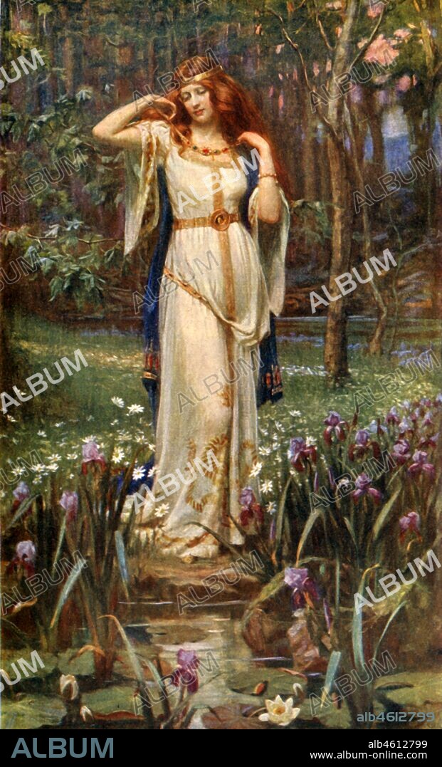 JAMES DOYLE PENROSE. 'Freyja and the Necklace', 1912. In Norse mythology, Freyja goddess of love, was owner of the Brisingamen necklace. From "Teutonic Myth and Legend", by Donald A. Mackenzie. [The Gresham Publishing Company, London, 1912].