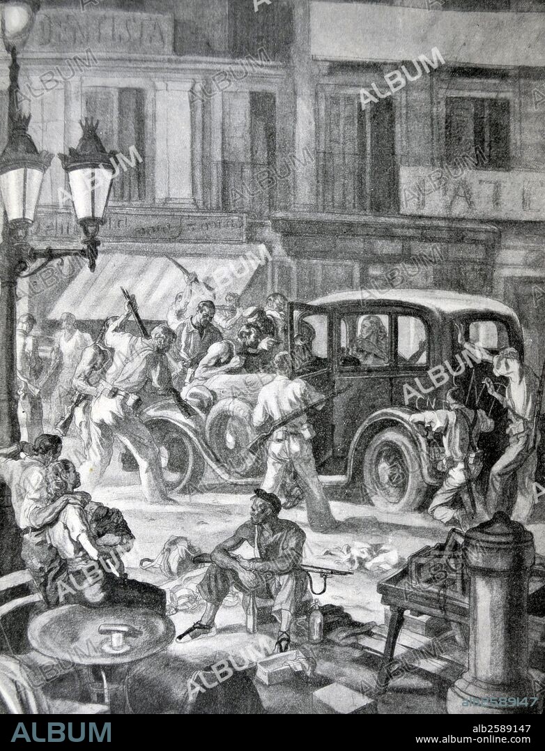 Anarchy and mayhem carried out by republicans during the Spanish Civil war. Propaganda illustration by Carlos Sáenz de Tejada.