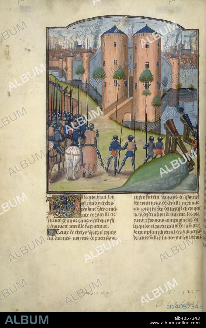 QUINTUS CURTIUS RUFUS, VASCO DA LUCENA and MASTER OF THE VIENNA CHRONIQUES D'ANGLETERRE. Alexander before Thebes. Livre des Fais d'Alexandre le Grant. S. Netherlands (Bruges?); between 1468 and 1475. (Whole folio) Alexander and his army engaged in the siege of Thebes, with cannon.  Image taken from Livre des Fais d'Alexandre le Grant.  Originally published/produced in S. Netherlands (Bruges?); between 1468 and 1475. . Source: Burney 169, f.21v. Language: French.