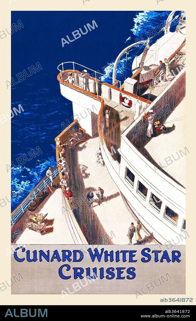 The British shipping company, White Star Line, is most known for its cutting edge vessel Oceanic of 1870, the disastrous RMS Titanic, and the World War I loss of the ship Britannic. In 1934, the company merged with its chief rival the Cunard Line. Cunard-White Star Line, Ltd. existed until 1950, when Cunard began operating independently. Today the company is best recognized for its ships Queen Mary 2, Queen Victoria, and Queen Elizabeth. Artist William Howard Jarvis (1903-1964) was known by the early 1930s for his seascapes and maritime settings, and was commissioned to create this atmospheric stone litho poster that gives potential passengers a birds-eye view of the unparalleled luxury and grandness offered by the cruise line., William Howard Jarvis, 1936.