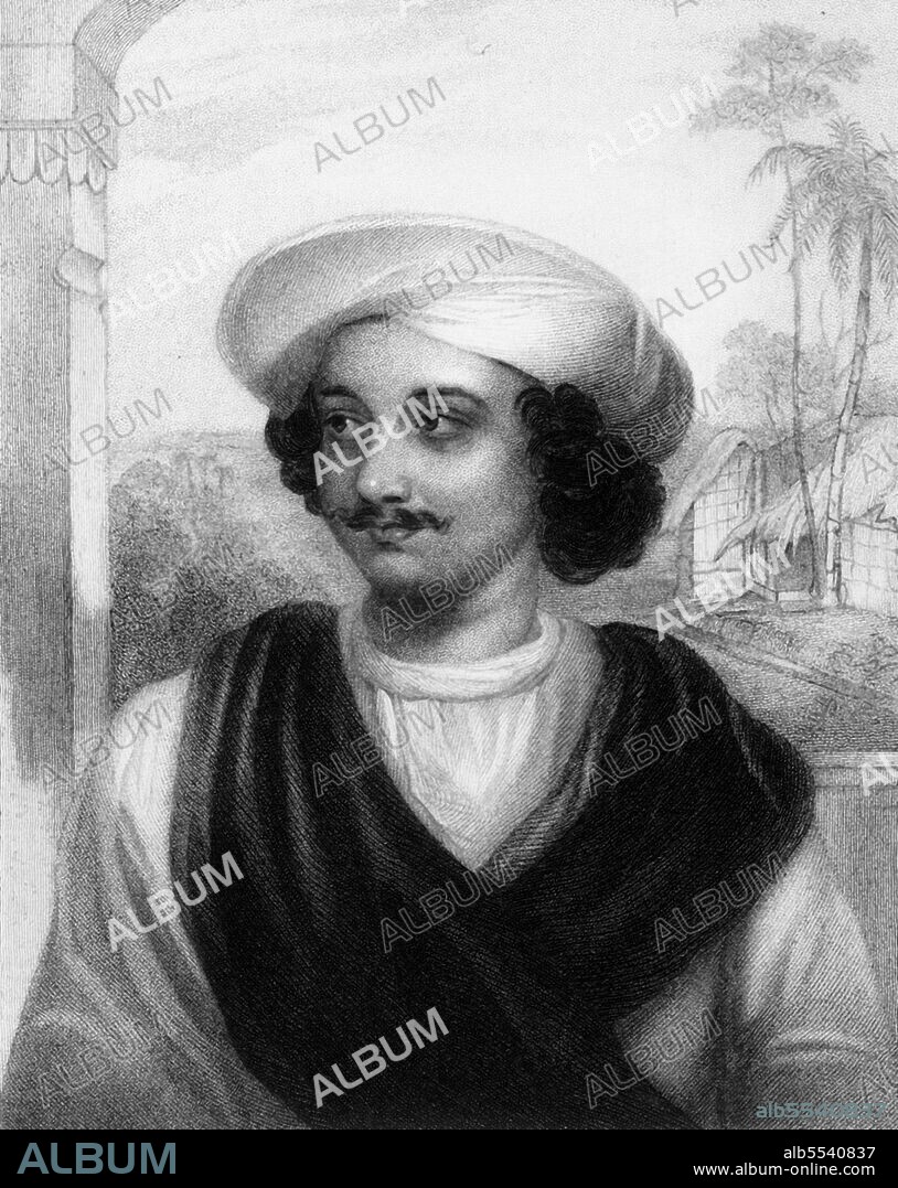 UNKNOWN. 'Baboo, Kasiprasad Ghosh', 1835. Portrait of Bengali poet Kashiprasad Ghosh who was the editor of the Hindu Intelligencer, an English language journal published in Calcutta (Kolkata). From "Views in India, China and on the Shores of the Red Sea, Vol. II". [Fisher, Son & Co., London, 1835].