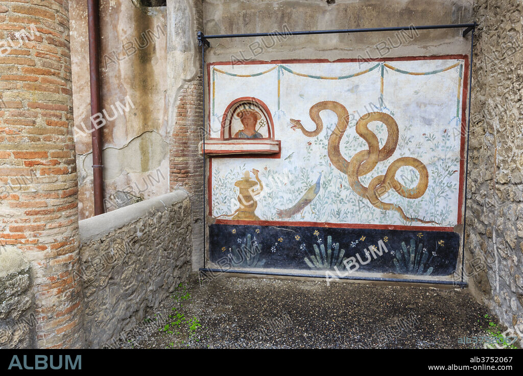 Fresco, Snake god Agathodaimon, Lararium, House of the Cryptoporticus, Pompeii, UNESCO World Heritage Site, Campania, Italy, Europe.