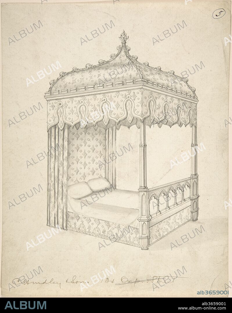 Design for a Gothic Bed with Canopy. Artist: Charles Hindley and Sons (British, London 1841-1917 London). Dimensions: sheet: 11 5/16 x 8 13/16 in. (28.7 x 22.4 cm). Date: 1841-84.