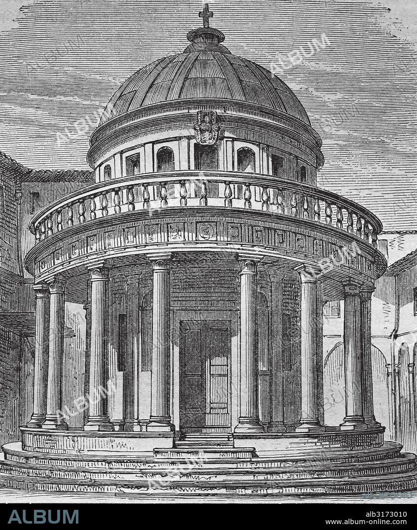 San pietro in montorio, tempietto di bramante, rome, italy, historic bible steel engraving from 1860.