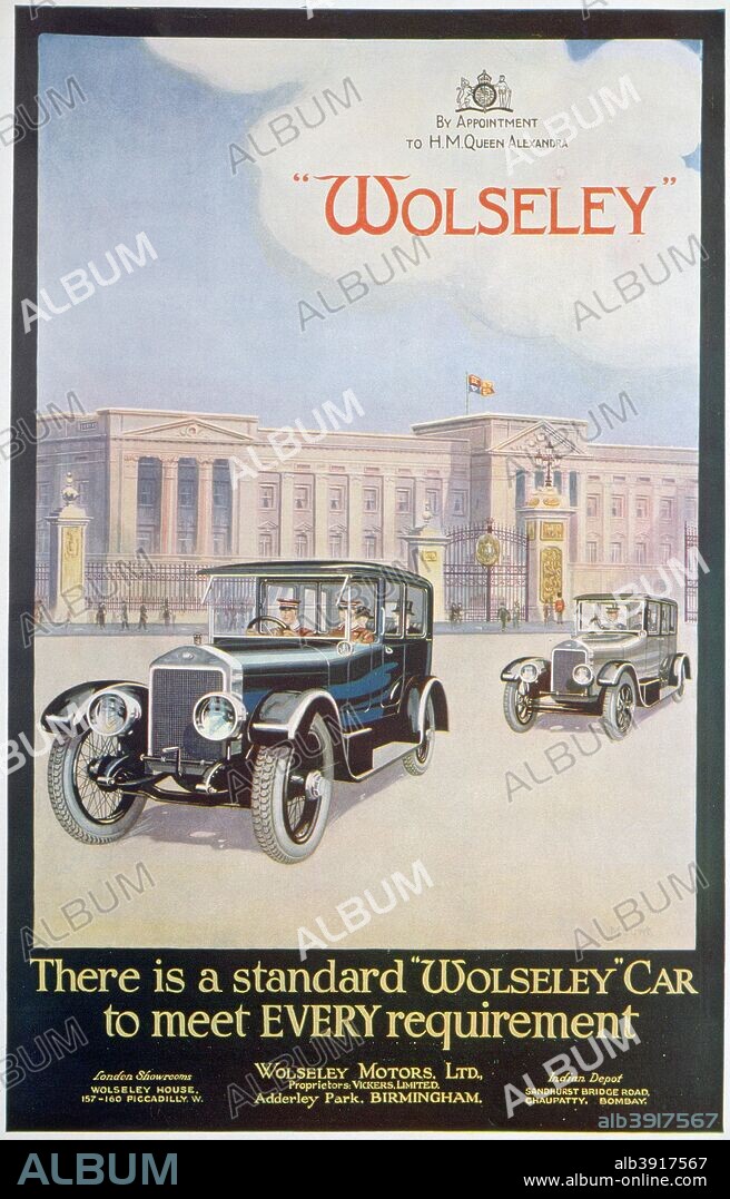 Advert for Wolseley motor cars, 1922. A car pictured outside Buckingham Palace. Wolseley were the supplier of cars by appointment to Princess Alexandra. A print from The Graphic, 3rd March 1922.