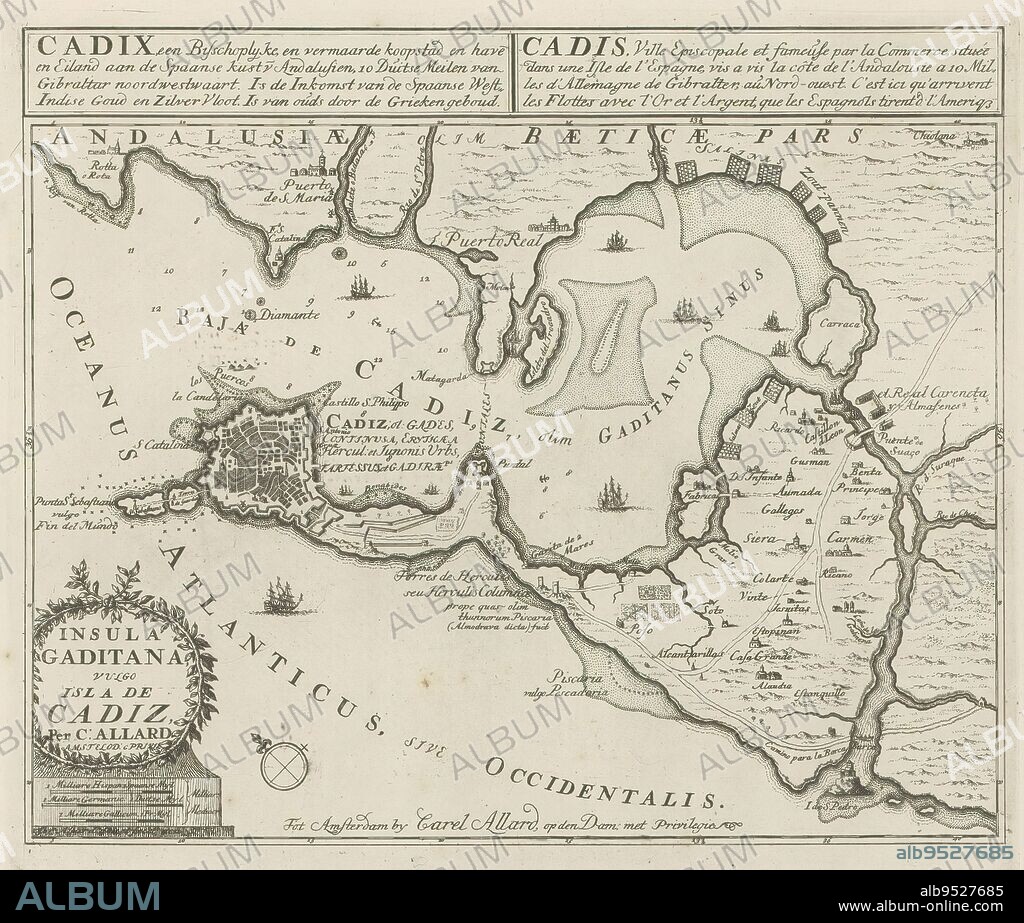 Cadiz, Insula Gaditana vulgo Isla de Cadiz (title on object), Cadix, an Episcopalian and renowned merchant city and port and island on the Spanish coast of Andalusien (...) / Cadis. Ville episcopale et fameuse par la commerce, située dans une isle de l'Espagne, vis a vis la cote de l'Andalousie (...) (title on object), Les Principales Forteresses & Villes Fortes, d'Espagne, de France, d'Italie, de Savoie, d'Allemagne & des Païs-Bas (..) / Naaukeurige afbeeldingen der Voornaam Sterke Steden en Vestingen in Spanjen, Vrankryk, Italien, Savoyen, Duytsland en Nederlanden (...) (series title), Map of Cadiz, with texts in Dutch, French and Latin. The print is part of an album., print maker: Abraham Allard, (mentioned on object), publisher: Carel Allard, (mentioned on object), publisher: Pieter van der Aa (I), print maker: Amsterdam, publisher: Amsterdam, publisher: Leiden, 1701 - 1733, paper, etching, height 247 mm × width 280 mm.