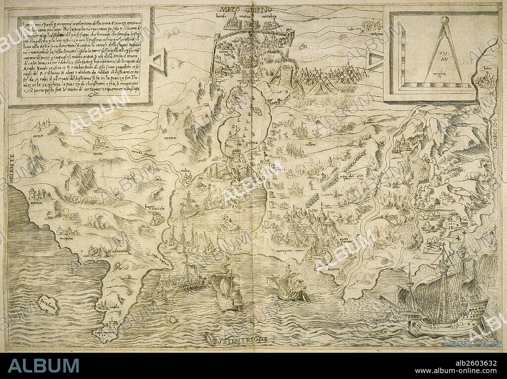 MAPA DE LAS CIUDADES DEL NORTE DE AFRICA (año 1535). Grabado del siglo XVI.