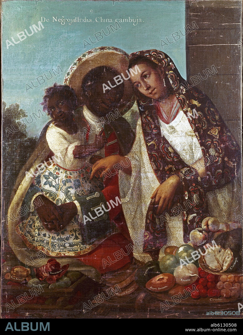 MIGUEL CABRERA (1695-1768). MESTIZAJE - DE NEGRO Y DE  INDIA: CHINA CAMBUJA -MEXICO - 1763- PINTURA COLONIAL S XVIII.
