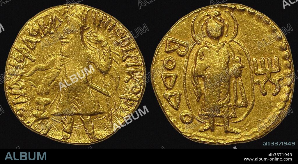 ANCIENT COINS NUMISMATIC. Gold Coin, Kushan. Obverse: Kanishka I. Reverse: in Bactrian script Buddha (boddo).