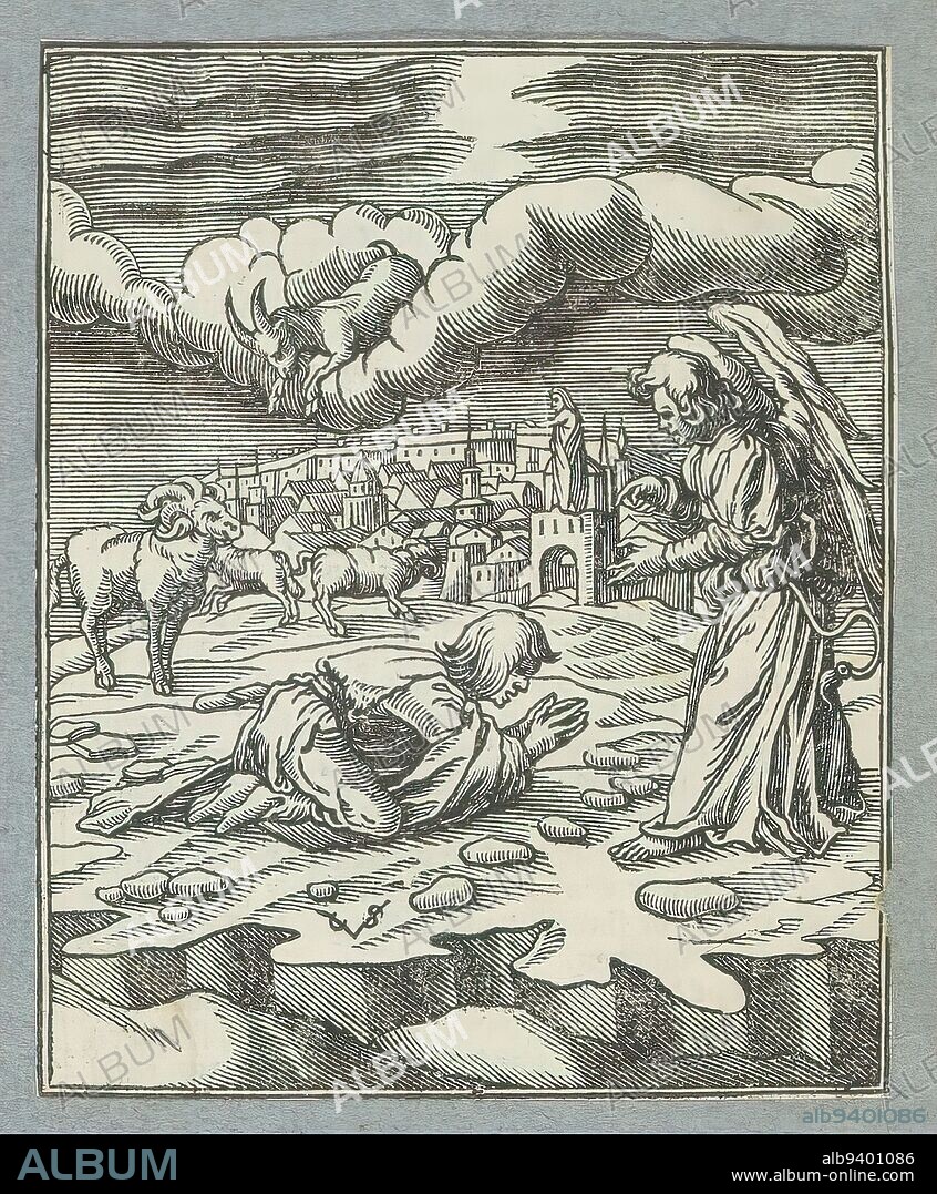 Gabriel explains Daniel's vision, The archangel Gabriel explains the second vision of Daniel, who is kneeling on the ground. The print is part of an album., print maker: Christoffel van Sichem (II), (mentioned on object), print maker: Christoffel van Sichem (III), (mentioned on object), print maker: Veit Rudolf Specklin, Amsterdam, 1645 - 1646, paper, letterpress printing, height 108 mm × width 87 mm.
