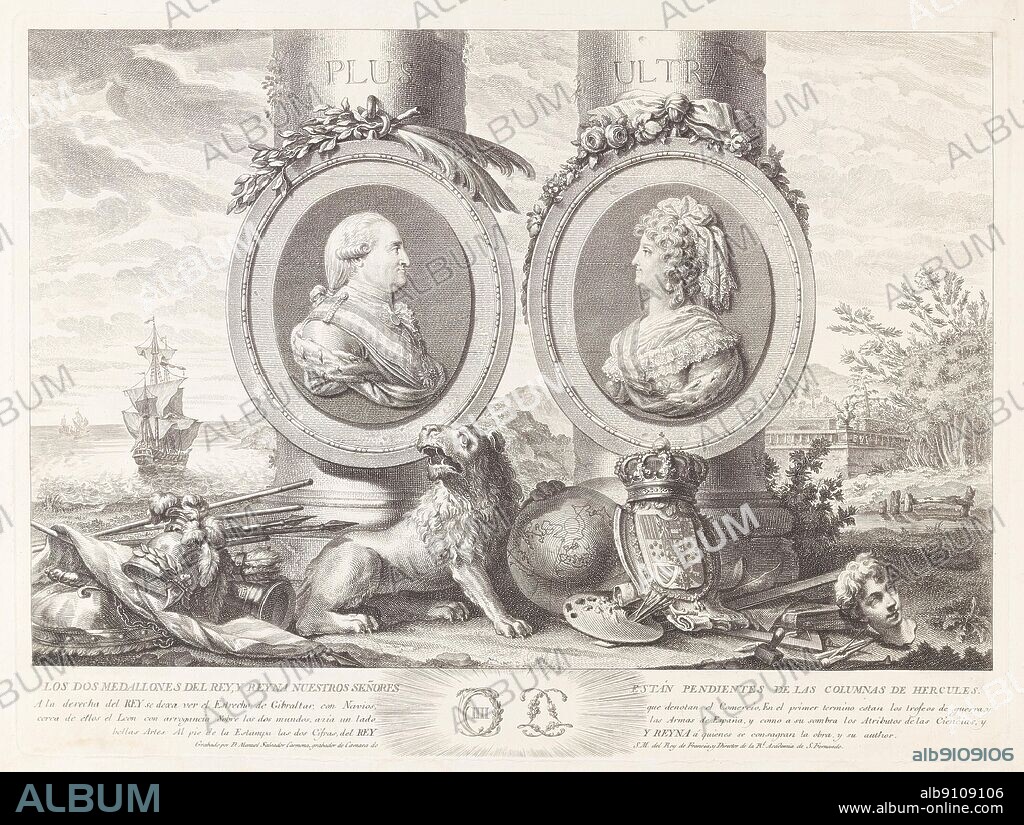 Carlos IV y María Luisa, 1790. Talla dulce: aguafuerte y buril sobre papel avitelado, 354 x 435 mm. Retratos enfrentados, de riguroso perfil, de Carlos IV y la reina María Luisa grabado por Manuel Salvador Carmona.