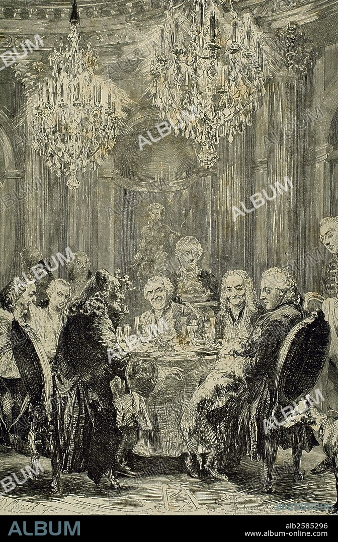 ADOLPH MENZEL (basado en). FEDERICO II "el Grande" (Berlín, 1712-Potsdam, 1786). Tercer rey de Prusia desde 1740, perteneciente a la Casa Hohenzollem. Persona ilustrada que engrandeció y modernizó Prusia. Tomó parte en la Guerra de Sucesión de Austria y también lo hizo como aliado de Inglaterra en la Guerra de los Siete Años. En 1772 realizó el primer reparto de Polonia. "MESA REDONDA DE FEDERICO EL GRANDE EN SANS-SOUCI". Grabado por A. VOGEL.