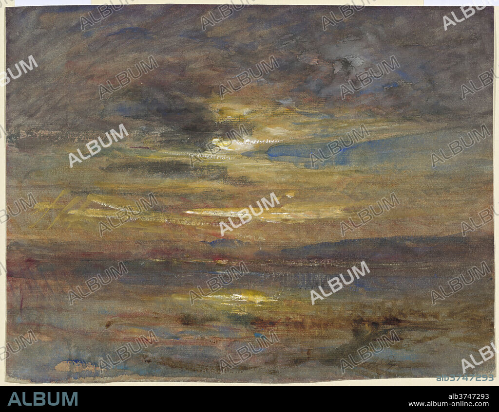 FRANÇOIS-AUGUSTE RAVIER. Sunset over a Pond. Dated: c. 1880. Dimensions: overall: 23 x 20 cm (9 1/16 x 7 7/8 in.). Medium: watercolor with touches of gouache on pale gray paper.