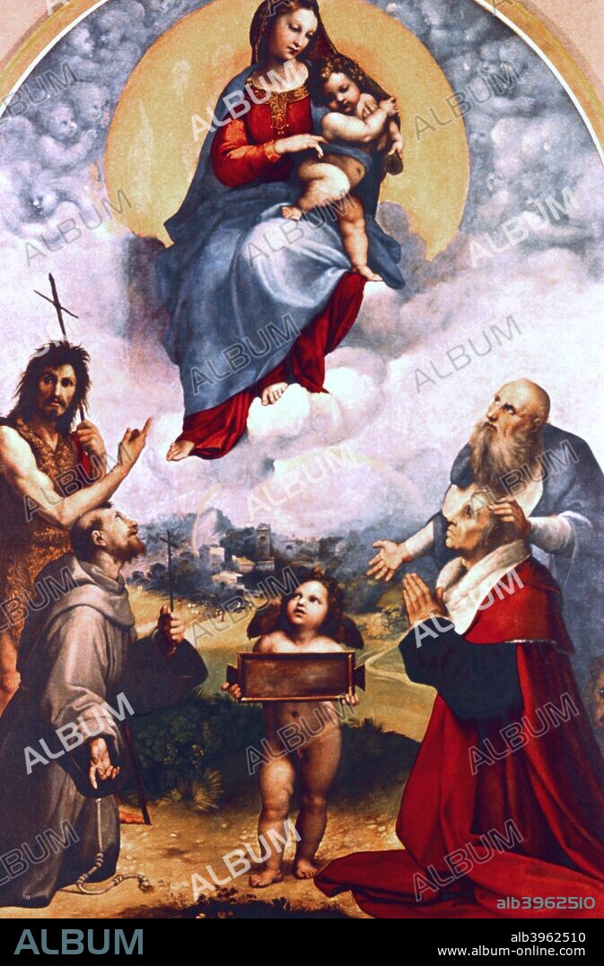 Madonna di Foligno, c1511-1512. The painting was executed for Sigismondo de' Conti, secretary of Pope Julius II, in 1511-1512. It was to be placed in the church of Santa Maria in Aracoeli in Rome, where Sigismondo was buried.