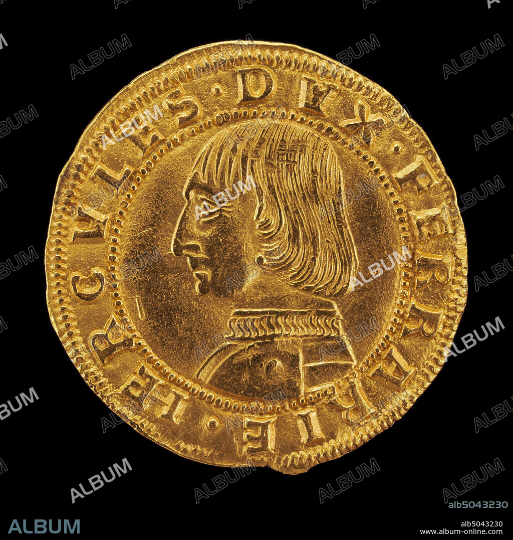 Ferrarese 15th Century, (artist), Ercole I d'Este, 1431-1505, 2nd Duke of Ferrara, Modena, and Reggio 1471, 15th century, gold ducat/Struck, overall (diameter): 2.46 cm (15/16 in.), gross weight: 3.44 gr (0.008 lb.), axis: 7:00.