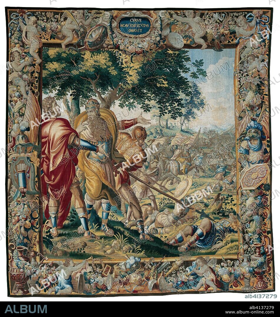 MICHIEL COXCIE I. Cyrus Defeats Spargapises, from The Story of Cyrus. Adapted from designs by Michiel Coxie (1499-1592); Woven at the workshop of Albert Auwercx (1629-1709); Flanders, Brussels. Date: 1660-1680. Dimensions: 384.8 × 412.1 cm (151 1/2 × 162 1/4 in.). Wool and silk, slit and double interlocking tapestry weave. Origin: Flanders.