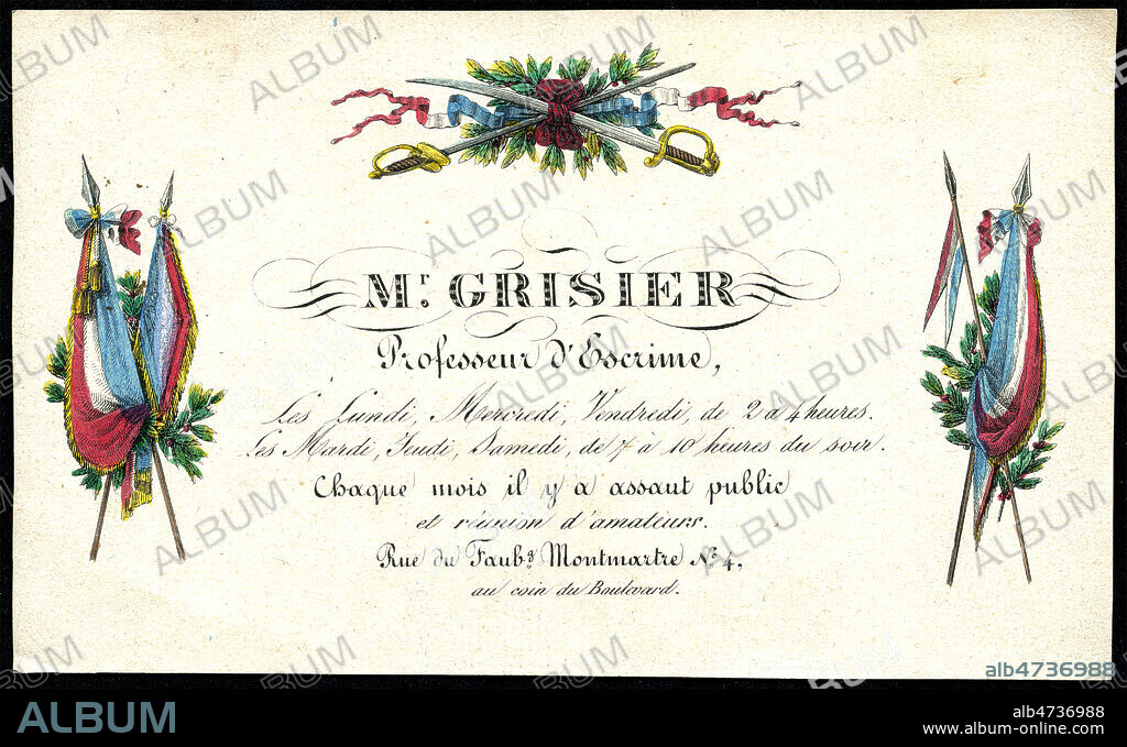 Carte de visite publicitaire pour le professeur d'escrime, M.Grisier. Illustration anonyme vers 1900. Credit : Collection IM/KHARBINE-TAPABOR.