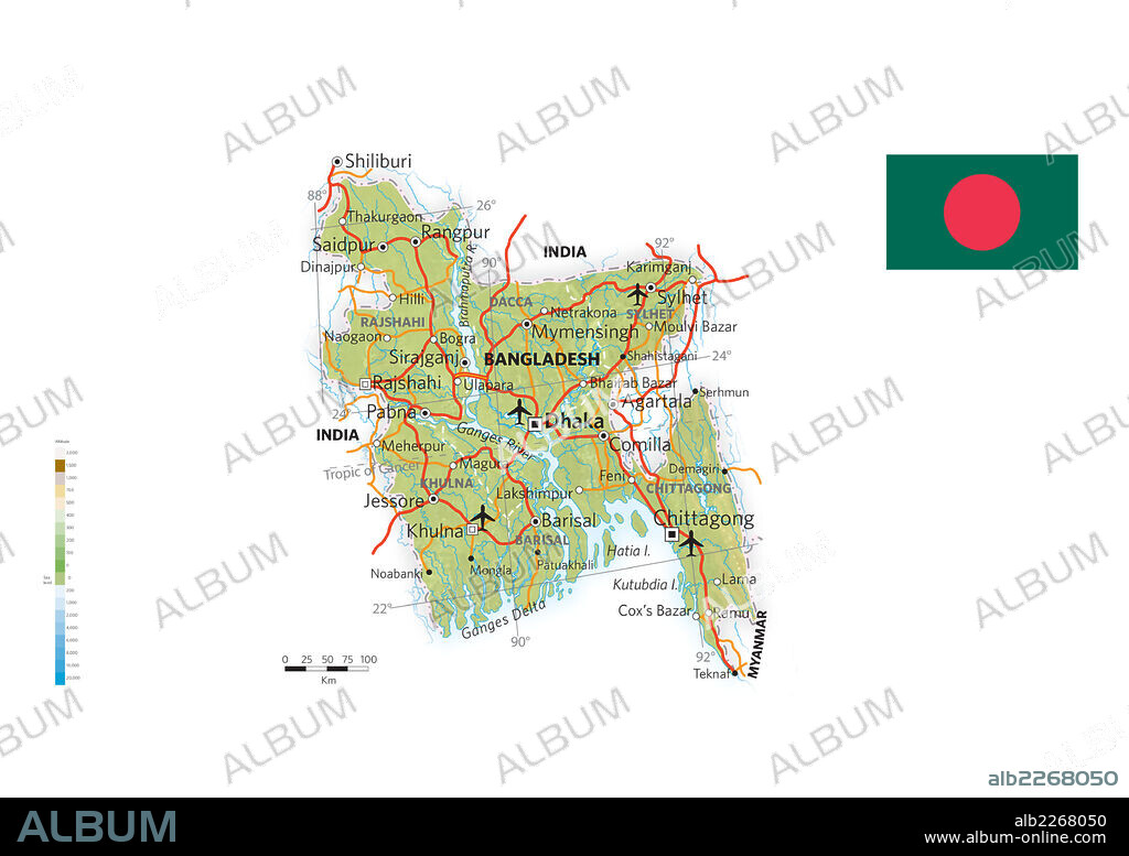 BANGLADESH. Mapa físico y político de Bangladesh.