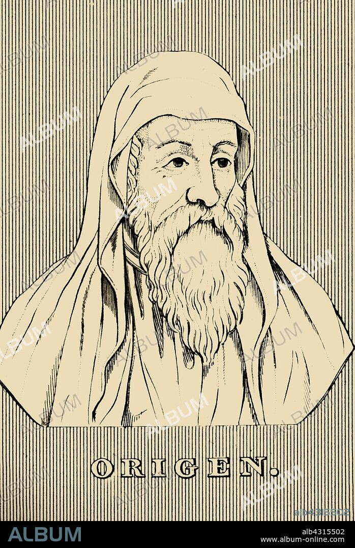 'Origen', (c184-c253), 1830. Origen of Alexandria (c184-c253), early Christian scholar, ascetic and theologian born in Alexandria. A prolific writer on theology. From "Biographical Illustrations", by Alfred Howard. [Thomas Tegg, R. Griffin and Co., J. Cumming, London, Glasgow and Dublin, 1830].