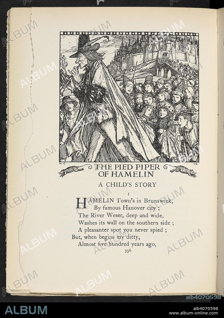 The Pied Piper of Hamelin. Fairy-Gold: a book of old English fairy tales, chosen by Ernest Rhys, illustrated by Herbert Cole. London : J. M. Dent & Co., 1906. Source: 12411.d.22 page 356.
