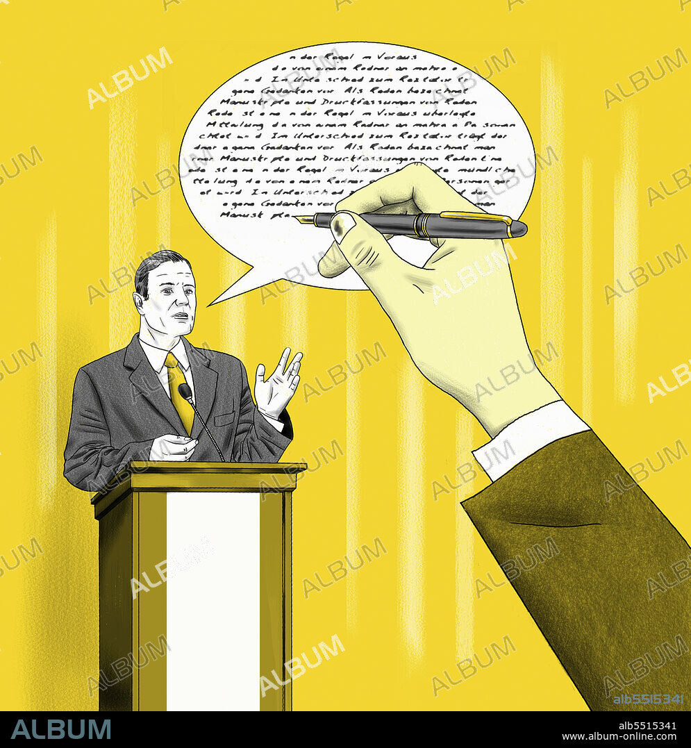 Hand writing speech for politician at podium.