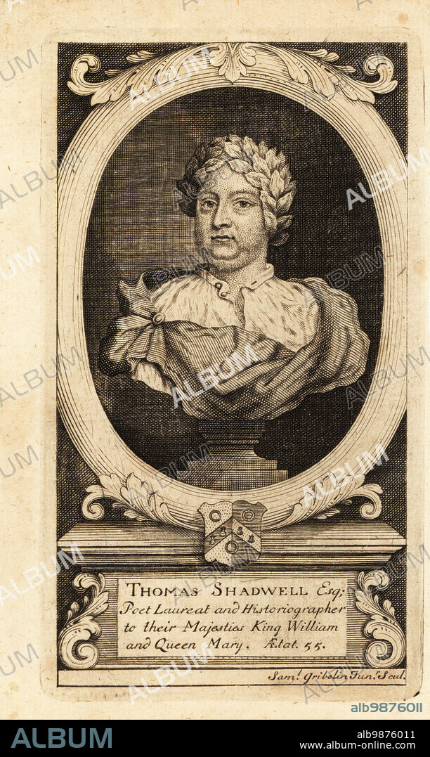 Thomas Shadwell (1642-1692), poet laureate and historiographer to their majesties King William and Queen Mary, at age 55. Author of Restoration plays such as The Libertine, The Lancashire Witches, etc. Bust of the poet with a crown of laurel leaves and coat of arms. Oval portrait copperplate engraving by Samuel Gribelin Jr. published in London, 1790s.