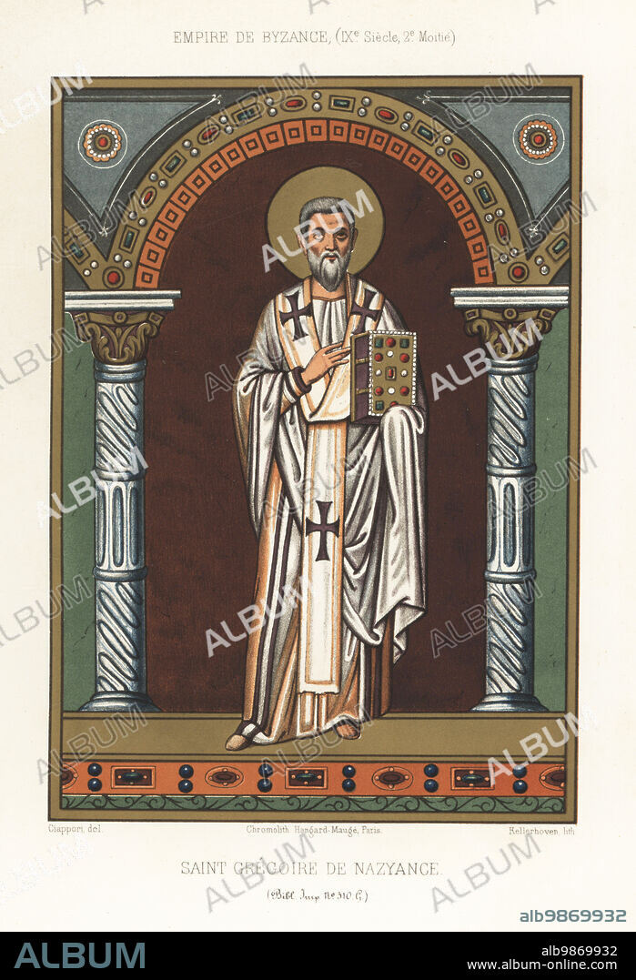 Portrait of Gregory of Nazianzus, Archbishop of Constantinople, 329-390. In halo, wearing a pallium with large crosses, holding a jeweled Bible. Ecclesiastical costume of the Byzantine Empire, late 9th century. Saint Gregoire de Nazyance, Empire de Byzance, IXe Siecle. Taken from MS 510 G, Ancien fonds Latin, Bibl. Imp. Chromolithograph by Franz Kellerhoven after Claudius Joseph Ciappori from Charles Louandres Les Arts Somptuaires, The Sumptuary Arts, Hangard-Mauge, Paris, 1858.