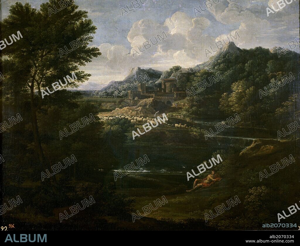 Gaspard Dughet / 'Paisaje con pastor', 1644-1645, Escuela Italiana, Óleo sobre Lienzo, 73 cm x 96 cm, P00137.