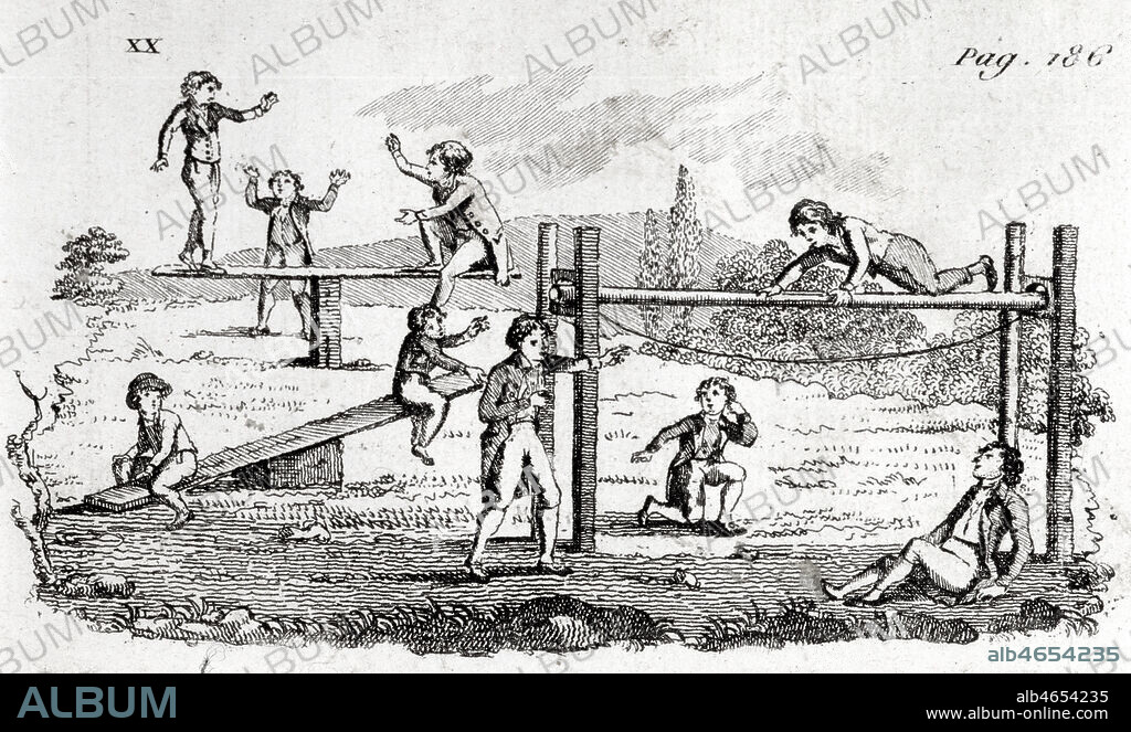 Jeux d'equilibre sur poutre, planche, balancoire. Illustration anonyme de 1803 pour La Gymnastique de la jeunesse, ou Traité élémentaire des jeux d'exercice, considérés sous le rapport de leur utilité physique et morale (1803). par Jean Augustin AMAR DURIVIER (1765-1837) (professeur au Lycée Henri IV, puis conservateur de la Bibliotheque Mazarine) Avec Louis-François Jauffret (1770-1840) pedagogue, auteur de nombreux ouvrages a destination de la jeunesse. Credit : Collection Six/KHARBINE-TAPABOR.