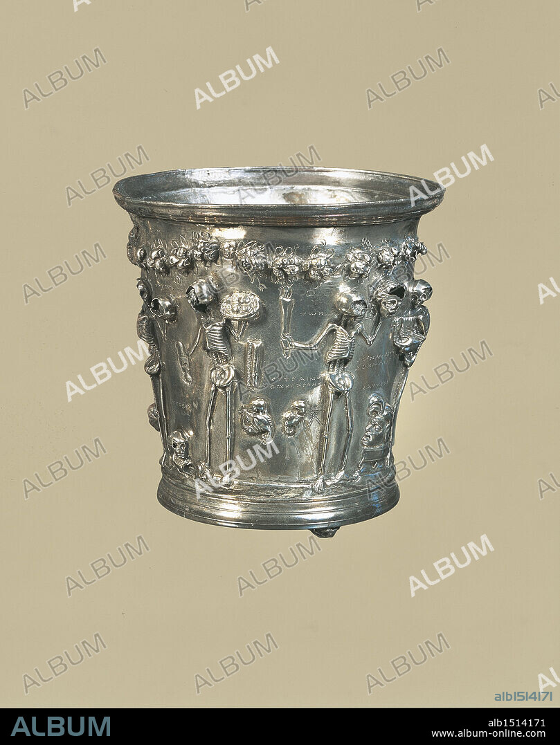 Roman civilization, 1st century b.C.-1st century A.D. Boscoreale treasure. Silver glass. Relief with skeletons representing Greek philosophers and inscriptions advising to enjoy the pleasures of life. From Boscoreale (province of Naples).