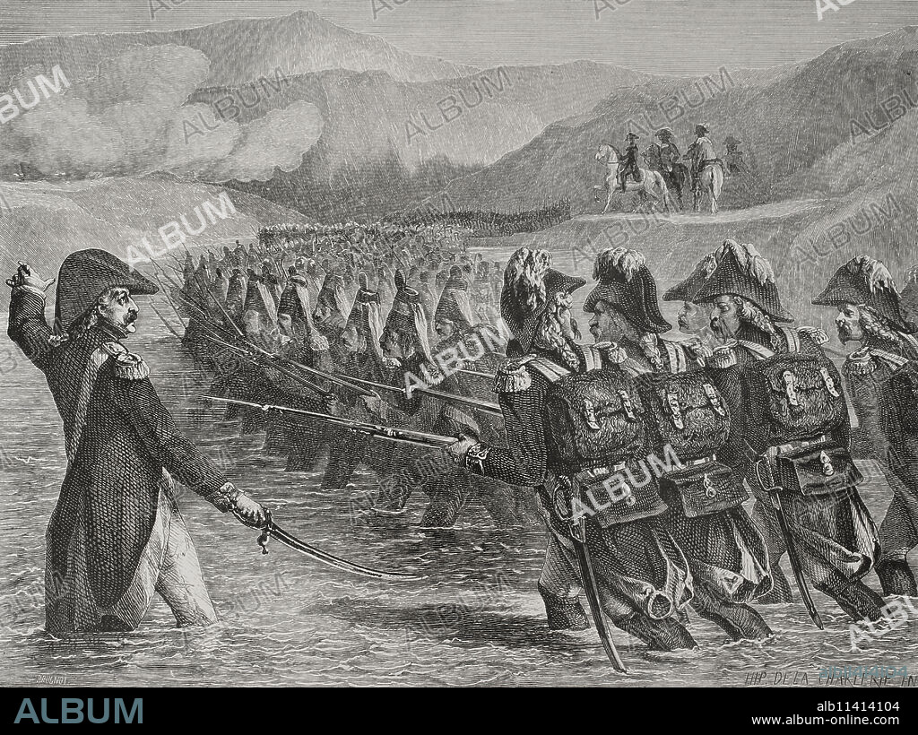 HIPPOLYTE DE LA CHARLERIE (1827-1869). BELGIAN ARTIST. BRUGNOT (FL. 1834-1873). FRENCH ENGRAVER.. French Revolutionary Wars. War of the First Coalition (1792-1797). Italian campaign. Battle of Valvasone or Tagliamento (16 March 1797). The army of the French Republic led by Napoleon Bonaparte attacked the Austrian Habsburg forces under Archduke Charles, Duke of Teschen. The Austrian army fought a rearguard action against the French vanguard led by Jean-Baptiste Bernadotte at the Tagliamento river crossing, but was defeated and withdrew to the northeast. French troops crossing the Tagliamento River. Drawing by Hippolyte de la Charlerie. Engraving by Brugnot. "History of the French Revolution". Volume I, 2nd part, 1879.