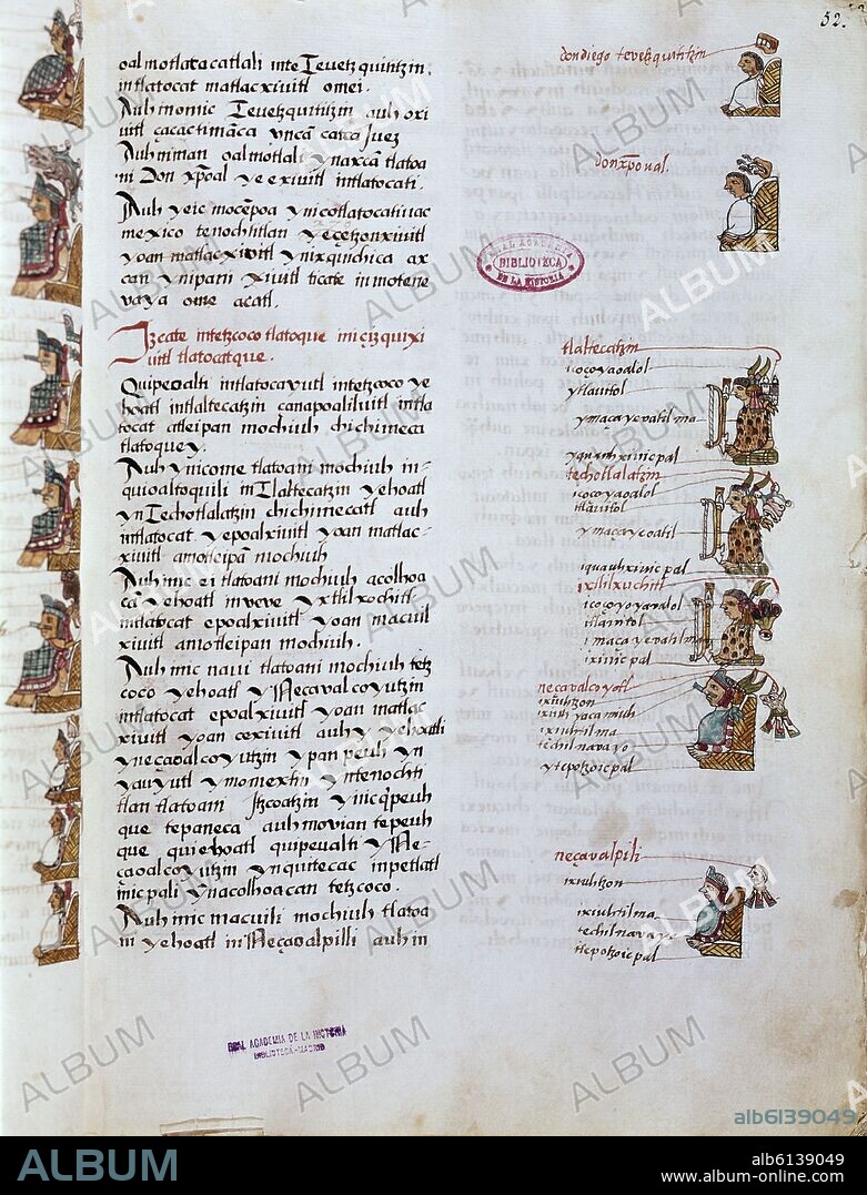 SAHAGUN BERNARDINO DE. CODICE MATRITENSIS - PERSONAJES AZTECAS - ESCRITO EN LENGUA NAHUATL CON CARACTERES LATINOS - SIGLO XVI.
