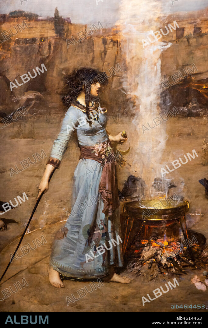 "The Lady of Shalott", 1888 by John William Waterhouse (1849 - 1917); oil painting on canvas. The painting depicts the following scene: a witch draws around herself a circle of fire and a cauldron. The landscape is rocky and there are some crows. Detail.