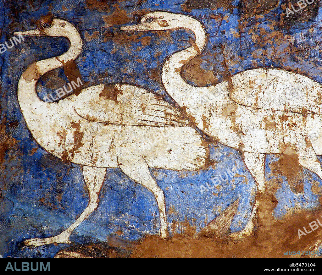 The Afrasiab painting is a rare example of Sogdian art. It was discovered in 1965 when the local authorities decided on the construction of a road through the middle of Afrasiab mound, the old site of pre-Mongol Samarkand. It is now preserved in a special museum on the Afrasiab mound. It is the main painting we have of ancient Sogdian art. The painting dates back to the middle of the 7th century CE. On the four walls of the room of a private house, three or four different countries neighbouring Central Asia are depicted. On the northern wall China (a Chinese festival, with the Empress on a boat, and the Emperor hunting), on the Southern Wall Samarkand (the Iranian world: a religious funerary procession in honor of the ancestors during the Nowruz festival), on the eastern wall India (as the land of the astrologers and of the pygmies, but the painting is much destroyed there). The topic on the main wall, the western wall facing the entrance is debated between specialists. Turkish soldiers are escorting ambassadors coming from various countries of the world (Korea, China, Iranian principalities, etc). There are three main hypotheses. The leading expert on Sogdian painting, the excavator of Panjikent, B. Marshak points out that Sogdian painting, gods are always depicted on the top of the main wall. However, as the Turks are guiding the embassies but are not themselves ambassadors, it has been suggested also that the Turkish Qaghan, then lord of inner and central Asia, might be depicted there. A Chinese text states that the 'Four Lords of the World', here China, India, Iran and Turan, are depicted on the walls of palaces near Samarkand precisely during this period, and this would perfectly fit the four walls of this room. The last hypothesis makes use of an inscription mentioning the king of Samarkand to propose the idea that the ambassadors are presenting their gifts to him.