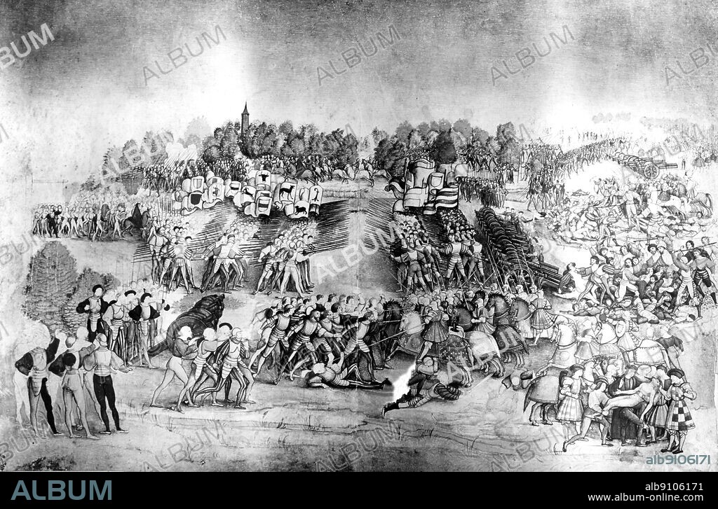 Field guns played a decisive part in The Battle of Marignano : The Swiss pikemen fought without armour , often bareheaded and sometimes barefooted as well . From a contemporary French miniature , the Annales de Louis XII by Jean d'Auton. 13 and 14 September 1515.