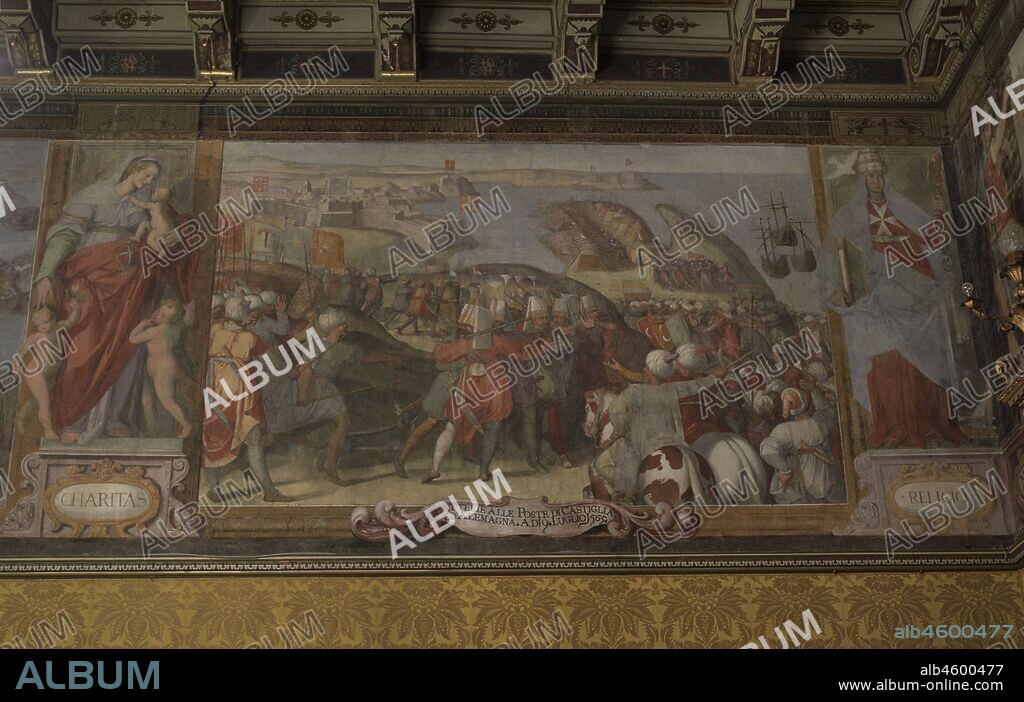 Palacio del Gran Maestre. Construído entre los siglos XVI y XVIII, fue la residencia del Gran Maestre de la Orden de San Juan. Sala del Consejo Supremo, con frescos de Matteo Perez de Aleccio (1547-1628) con la representación del Gran Sitio de Malta por el Imperio Otomano en 1565. Asedio de los turcos en el mes de julio de 1565 ante la resistencia de las baterías de cañones de las tropas españolas. Detalle de los frescos. La Valeta. Malta.