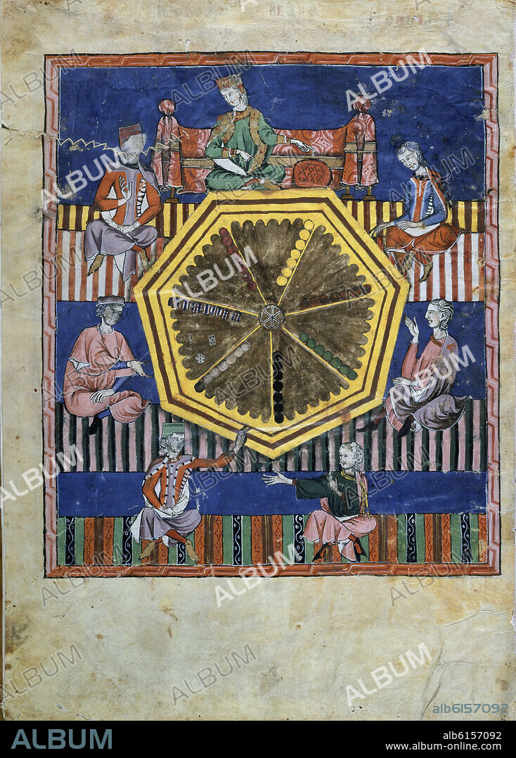 ALFONSO X EL SABIO (1221-1284). LIBRO DE JUEGOS O LIBRO DEL AJEDREZ DADOS Y TABLAS - 1283 - FOLIO 97V - SIETE HOMBRES ENTRE ELLOS EL REY JUGANDO A LOS ESCAQUES O TABL.